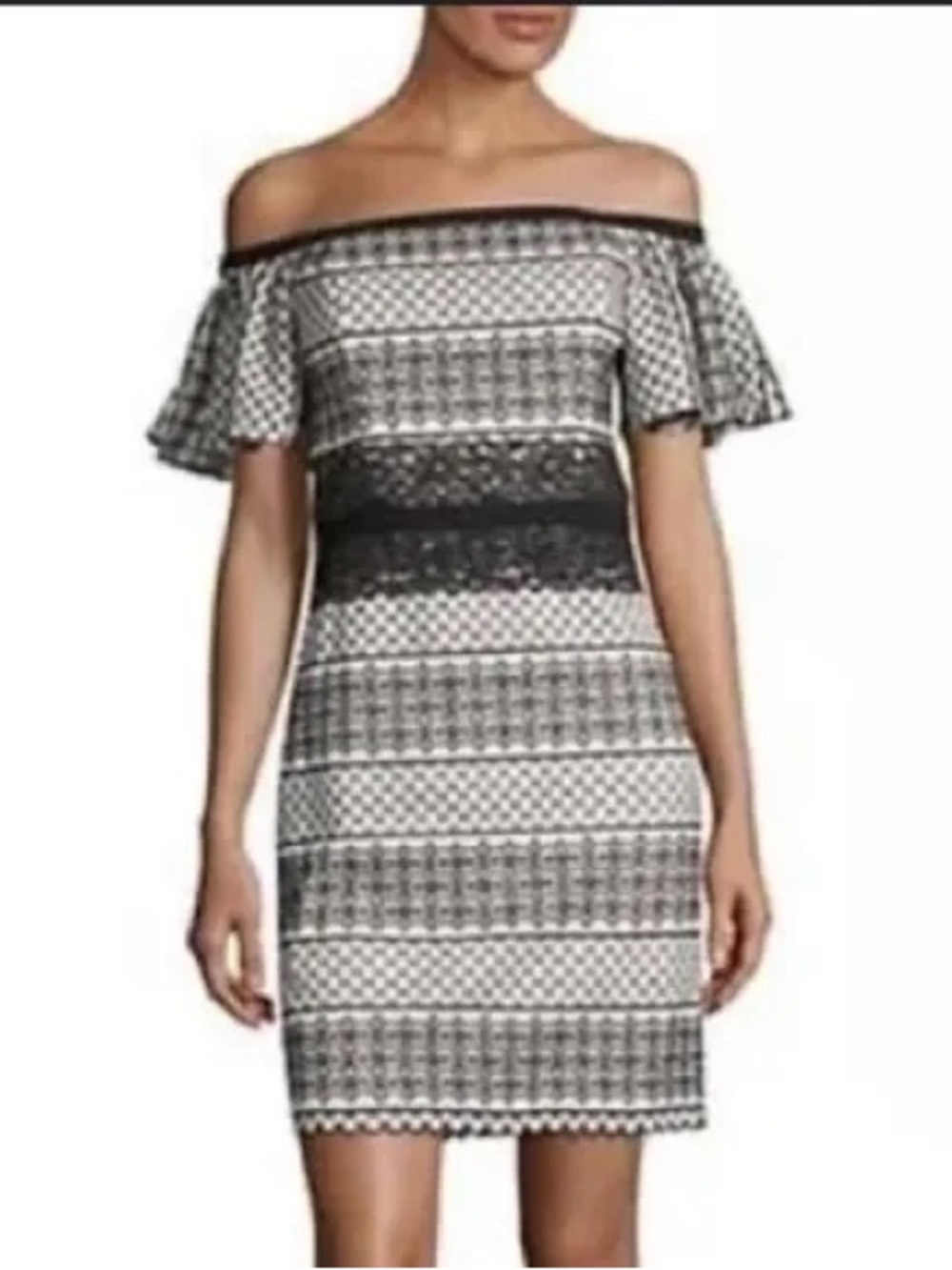 H by Halston Black and White Off-Shoulder Lace-Panel Mini Dress